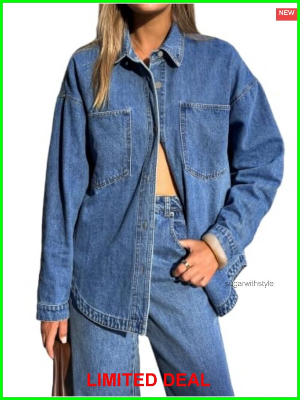 Oversized Long Sleeve Button Down Denim Shirt Distressed Jean Jacket